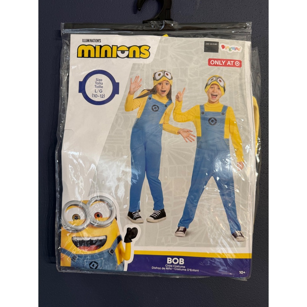 Disguise Minions Bob Costume Kids Size L 10-12 Yellow Blue Jumpsuit Beanie NWT